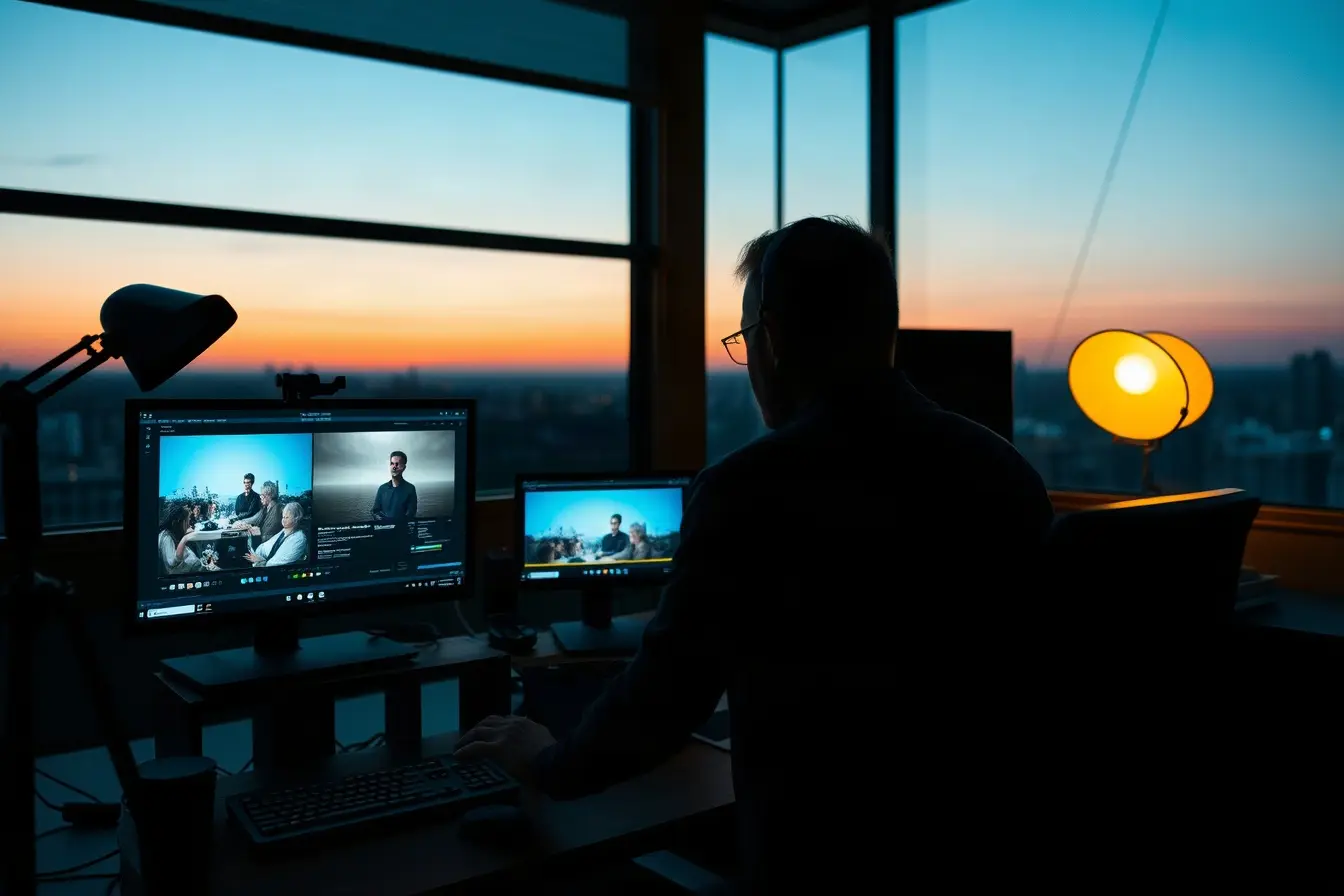 Video editing suite at dusk